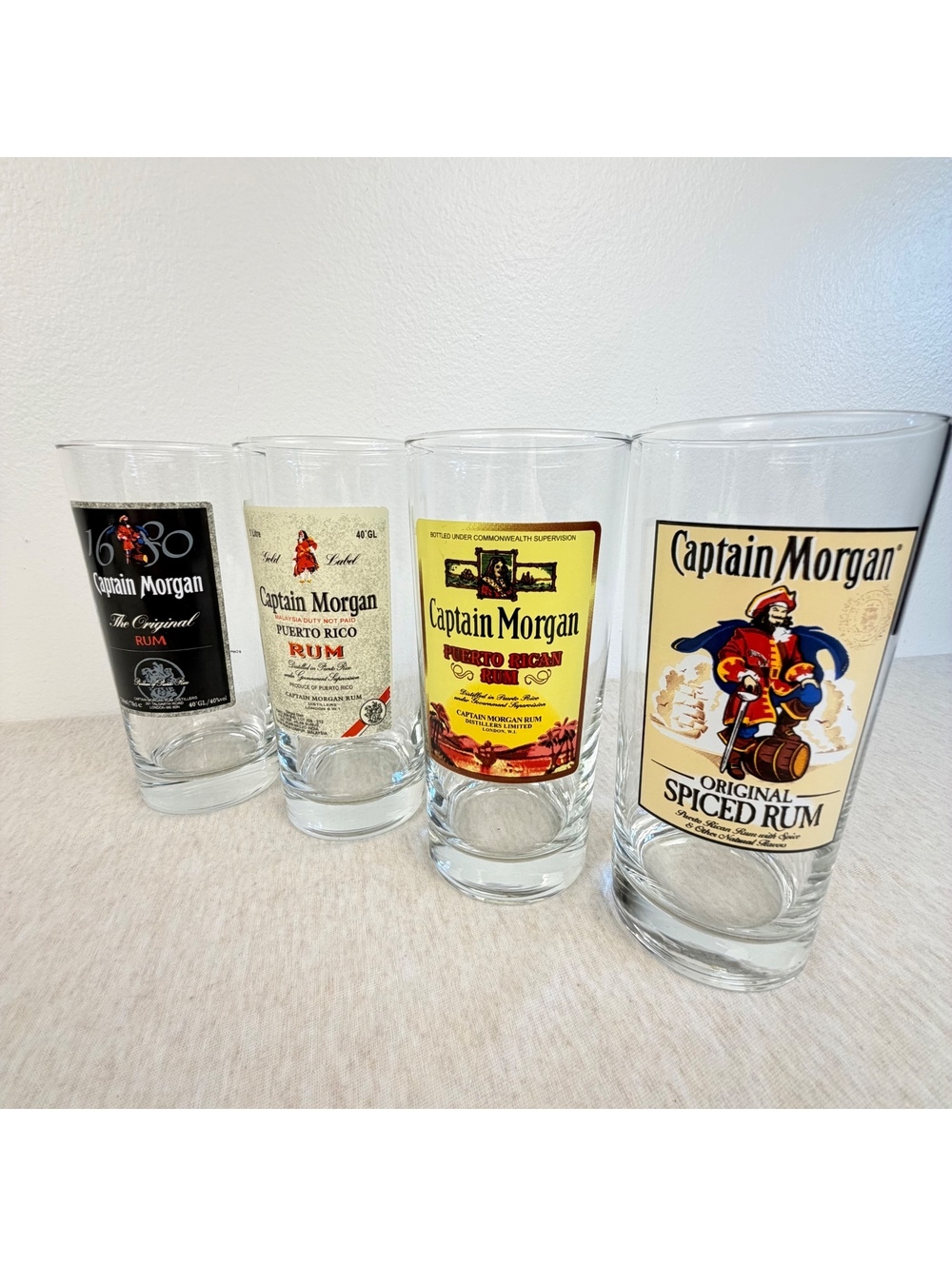 Vintage Captain Morgan Rum Highball Glasses Set of 4 Different Labels
